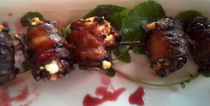 “Devils on Horseback” / Applewood Smoked Bacon Wrapped Medjool Dates, 10 Herbed Goat Cheese & Sambal Gastrique
